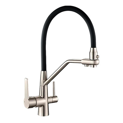 Смеситель для кухни OUTE T603BL-2 одноруч, с высоким гибким изливом, выход фильтра,гайка,черн[1/10]